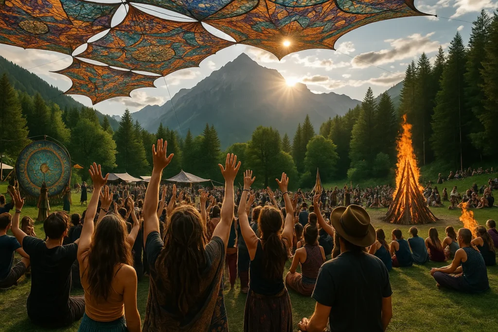 A large group of people raise their hands in celebration around a bonfire at a mountain festival during sunset, under colorful canopies with scenic forest and peaks in the background.