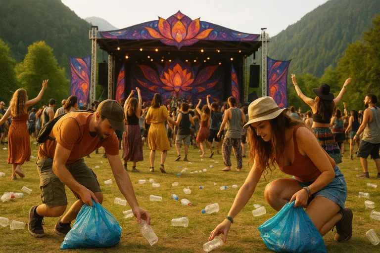 Festival attendees pick up plastic bottles and litter on a grassy field in front of a colorful stage with lotus designs, surrounded by mountains and trees.